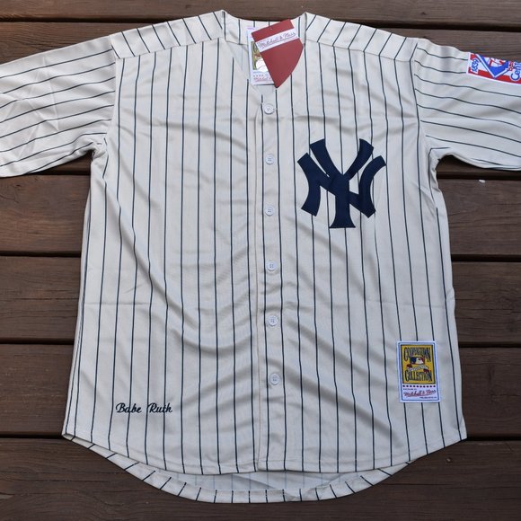 New! Babe Ruth New York Yankees CREAM Pinstripe Baseball Jersey Adult Men's Size - Picture 2 of 2